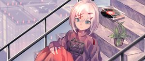 Preview wallpaper girl, stairs, flower, plant, anime, art, cartoon