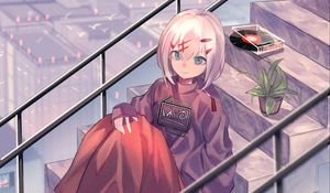 Preview wallpaper girl, stairs, flower, plant, anime, art, cartoon