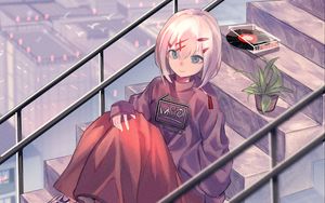 Preview wallpaper girl, stairs, flower, plant, anime, art, cartoon