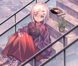 Preview wallpaper girl, stairs, flower, plant, anime, art, cartoon