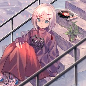 Preview wallpaper girl, stairs, flower, plant, anime, art, cartoon