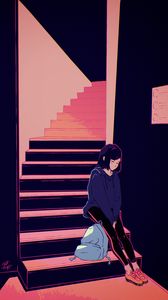 Preview wallpaper girl, stairs, loneliness, art, sadness