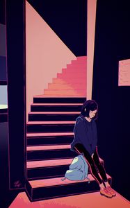 Preview wallpaper girl, stairs, loneliness, art, sadness