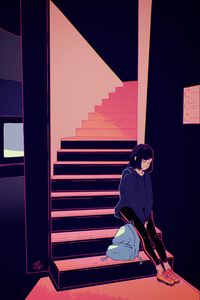 Preview wallpaper girl, stairs, loneliness, art, sadness