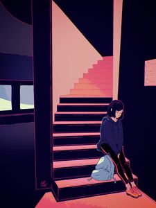 Preview wallpaper girl, stairs, loneliness, art, sadness