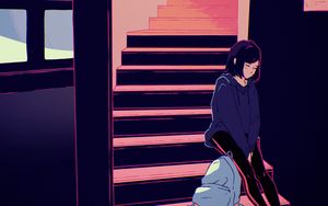 Preview wallpaper girl, stairs, loneliness, art, sadness
