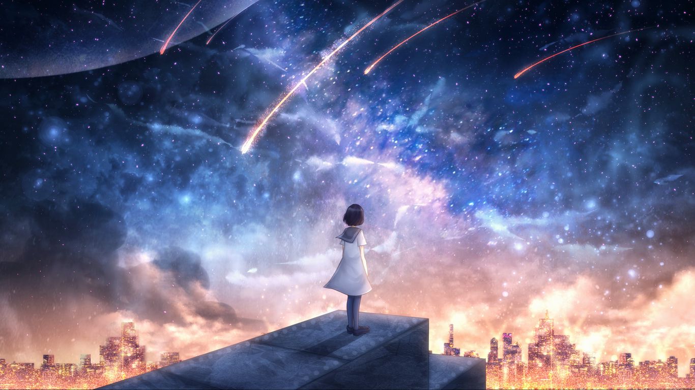 Download wallpaper 1366x768 girl, starfall, space tablet, laptop hd  background
