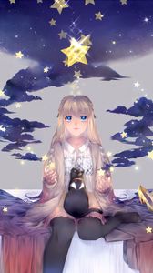 Preview wallpaper girl, stars, cat, clouds, inspiration, anime, art