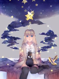 Preview wallpaper girl, stars, cat, clouds, inspiration, anime, art