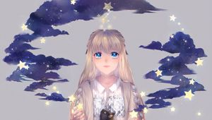 Preview wallpaper girl, stars, cat, clouds, inspiration, anime, art