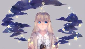 Preview wallpaper girl, stars, cat, clouds, inspiration, anime, art