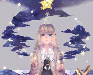 Preview wallpaper girl, stars, cat, clouds, inspiration, anime, art