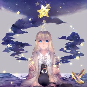 Preview wallpaper girl, stars, cat, clouds, inspiration, anime, art