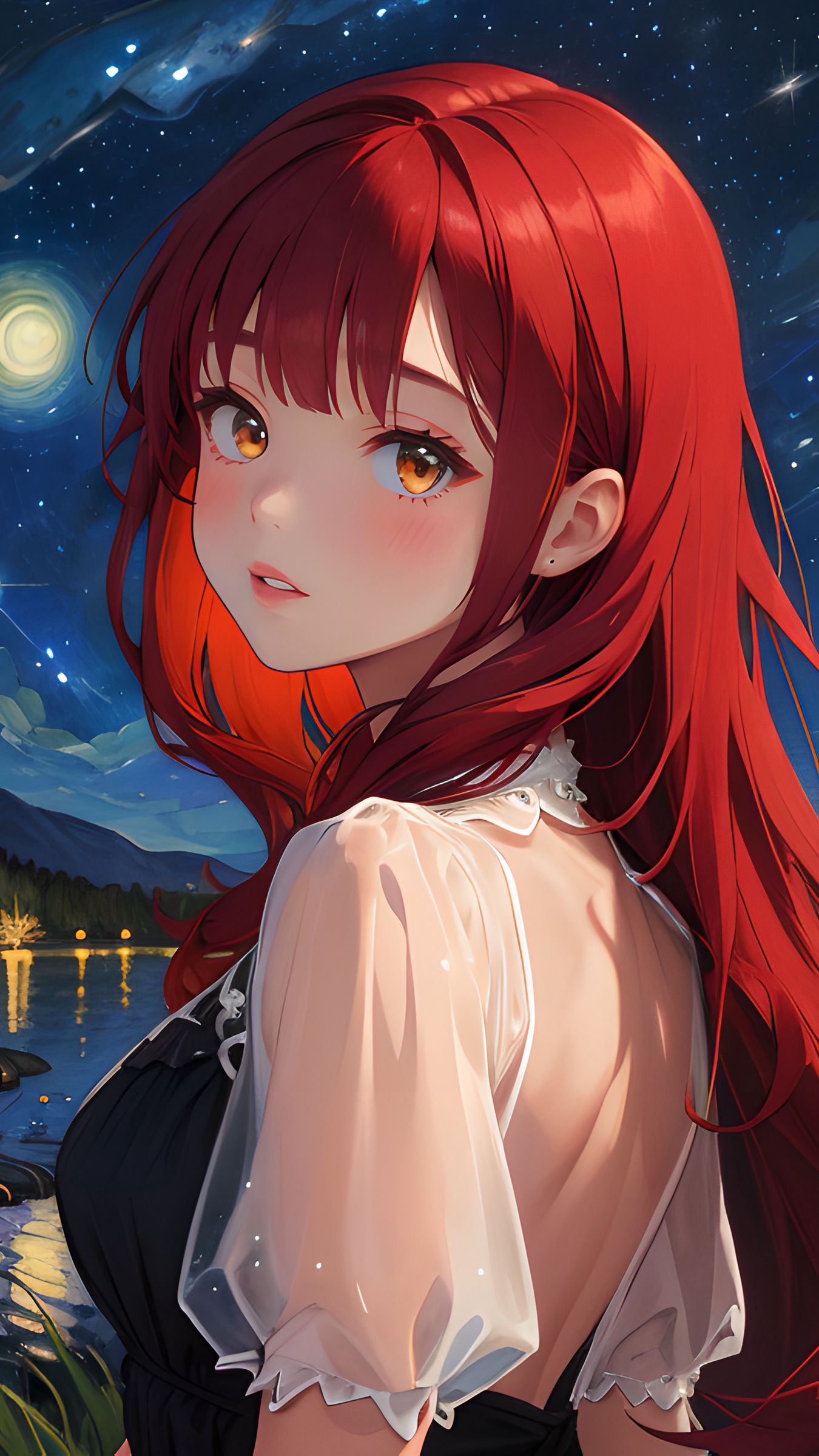 1350x2400 Wallpaper girl, stars, lake, art, anime