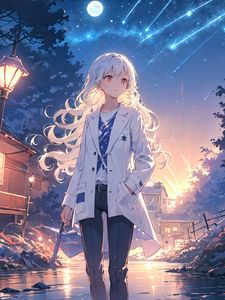 Preview wallpaper girl, stars, moon, lanterns, anime
