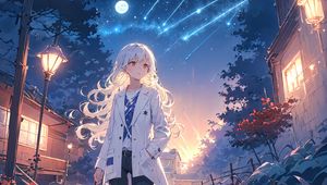 Preview wallpaper girl, stars, moon, lanterns, anime