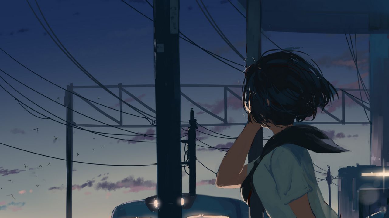 Wallpaper girl, station, twilight, free, anime, art