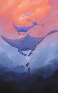 Preview wallpaper girl, stingrays, clouds, illusion, art