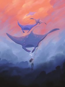 Preview wallpaper girl, stingrays, clouds, illusion, art