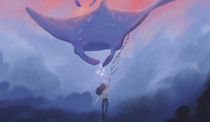 Preview wallpaper girl, stingrays, clouds, illusion, art