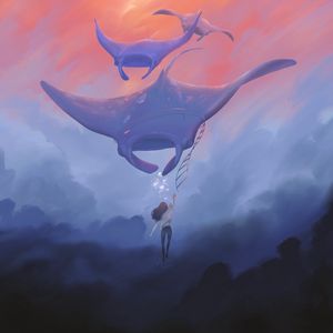 Preview wallpaper girl, stingrays, clouds, illusion, art