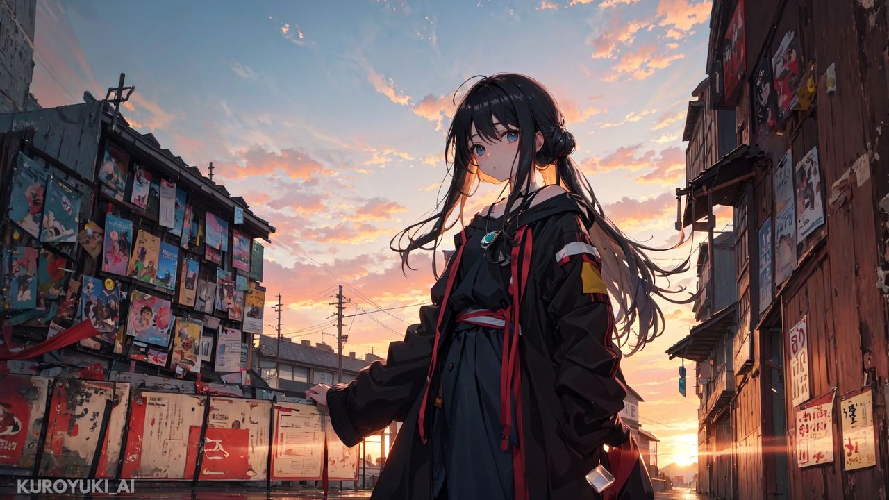 Wallpaper girl, street, clouds, dawn, anime
