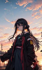 Preview wallpaper girl, street, clouds, dawn, anime