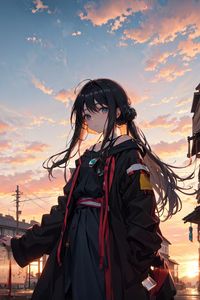 Preview wallpaper girl, street, clouds, dawn, anime