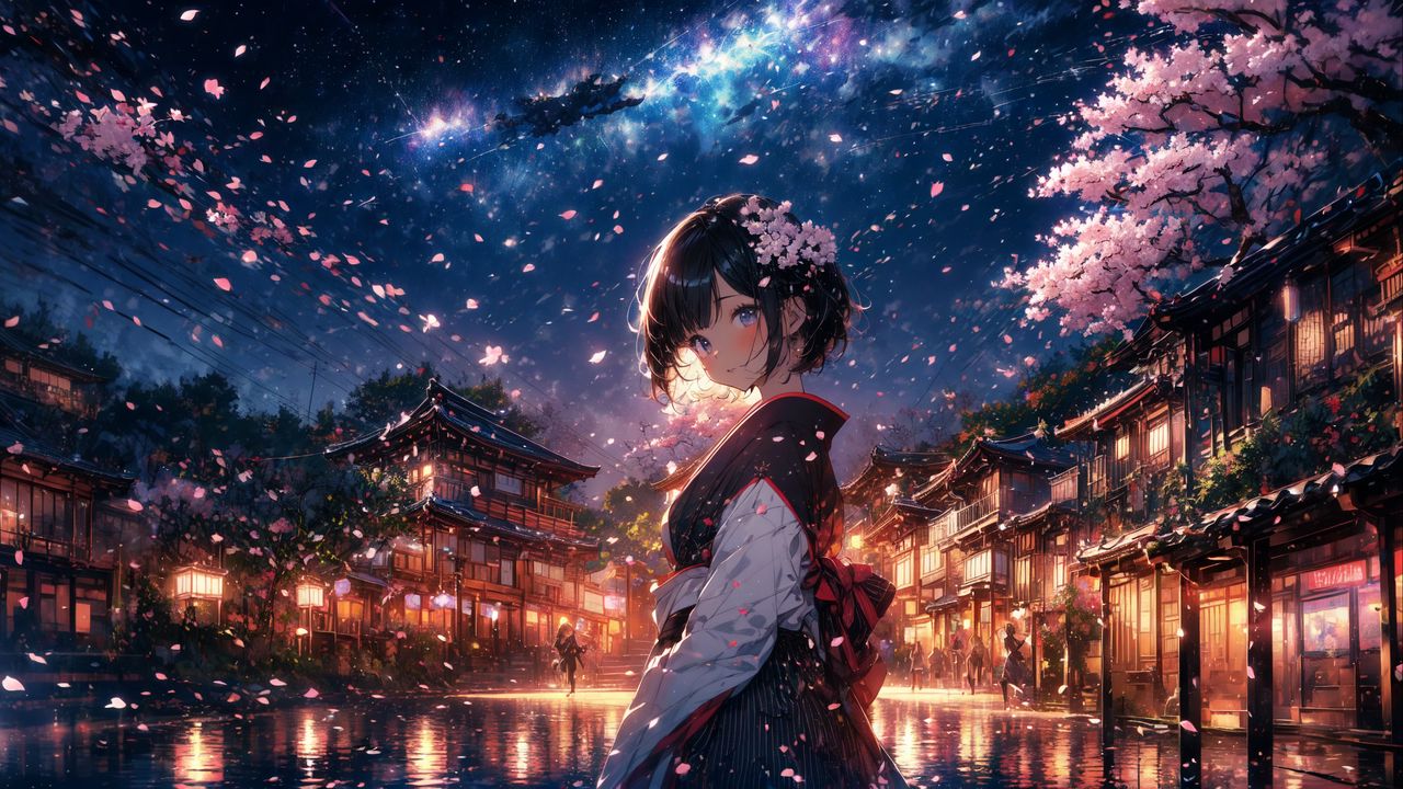 Wallpaper girl, street, sakura, petals, anime