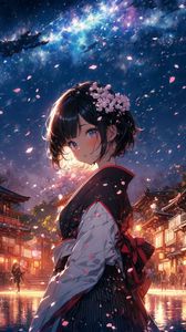 Preview wallpaper girl, street, sakura, petals, anime