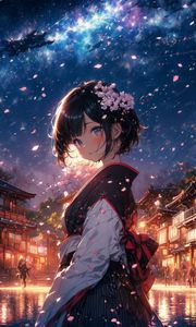 Preview wallpaper girl, street, sakura, petals, anime