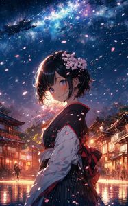 Preview wallpaper girl, street, sakura, petals, anime