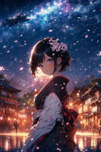 Preview wallpaper girl, street, sakura, petals, anime