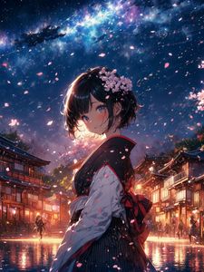 Preview wallpaper girl, street, sakura, petals, anime