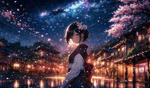 Preview wallpaper girl, street, sakura, petals, anime