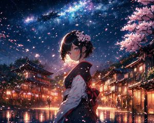 Preview wallpaper girl, street, sakura, petals, anime