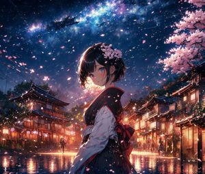 Preview wallpaper girl, street, sakura, petals, anime