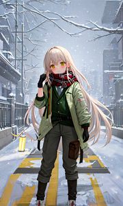 Preview wallpaper girl, street, snow, winter, anime