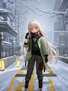 Preview wallpaper girl, street, snow, winter, anime