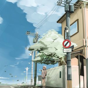 Preview wallpaper girl, street, tree, anime, art