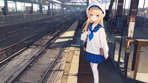 Preview wallpaper girl, student, bag, station, anime