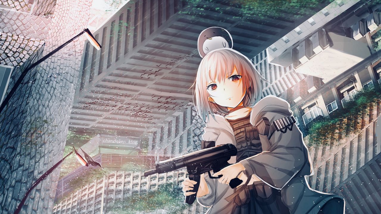 Wallpaper girl, submachine gun, weapon, anime, art