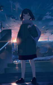 Preview wallpaper girl, sun, rays, anime, art