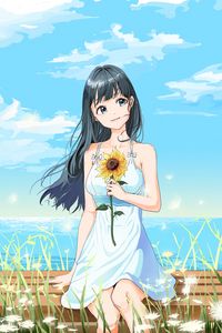 Preview wallpaper girl, sunflower, flower, anime, art