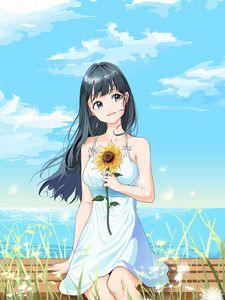 Preview wallpaper girl, sunflower, flower, anime, art