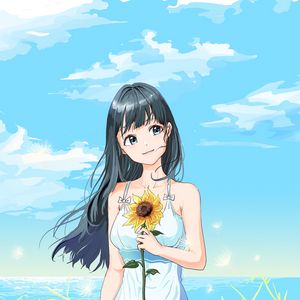 Preview wallpaper girl, sunflower, flower, anime, art