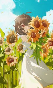 Preview wallpaper girl, sunflowers, anime