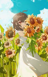 Preview wallpaper girl, sunflowers, anime