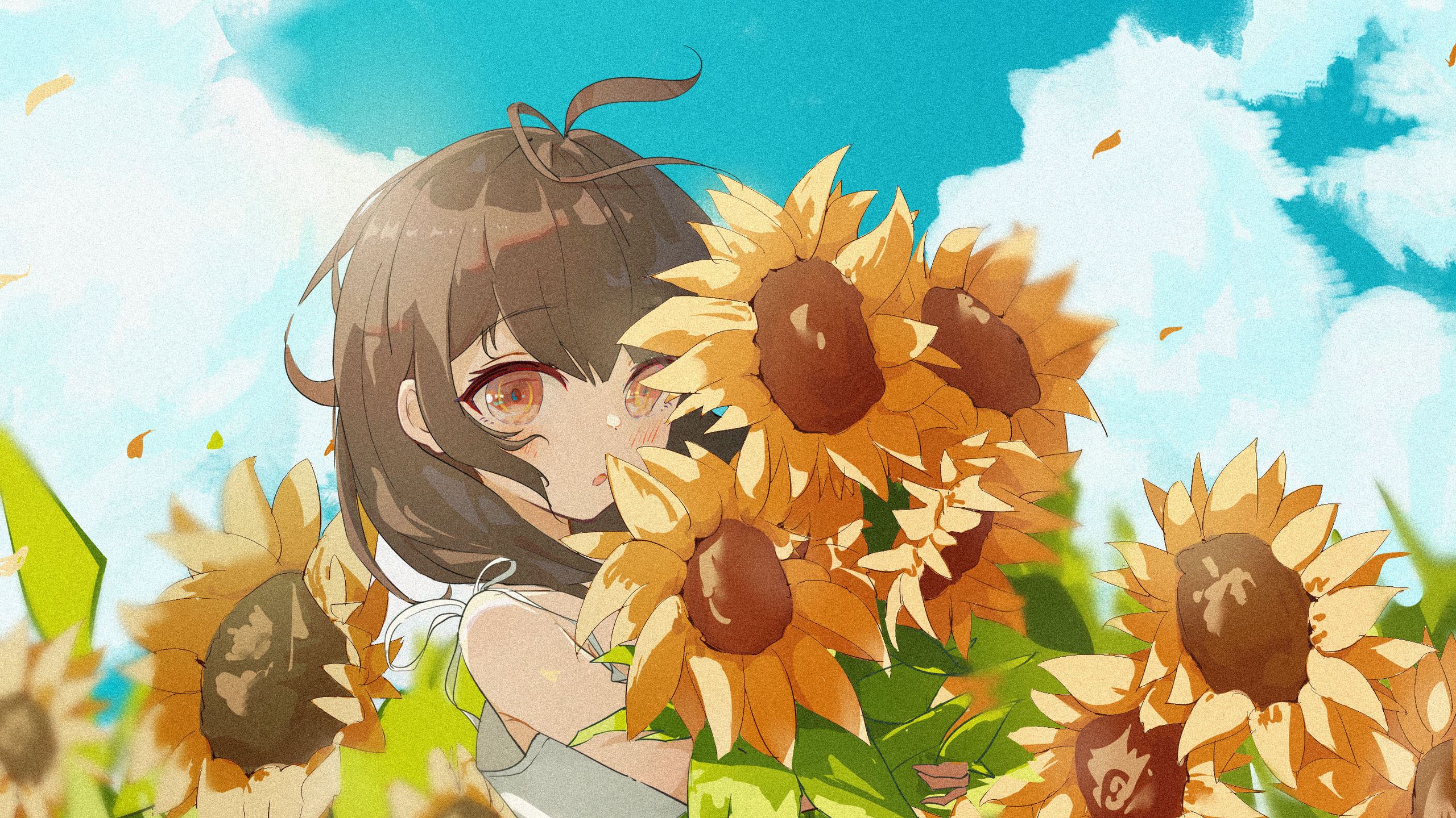 Download wallpaper 2560x1440 girl, sunflowers, anime widescreen 16:9 hd