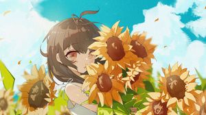 Preview wallpaper girl, sunflowers, anime